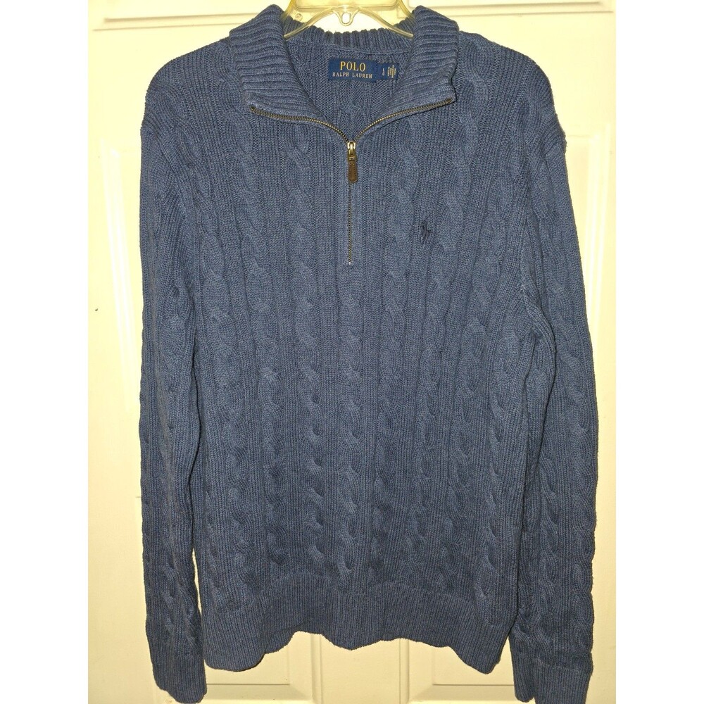 Polo Ralph Lauren Cable Knit 1/4 Zip Blue Sweater Men’s Large Blue Pony